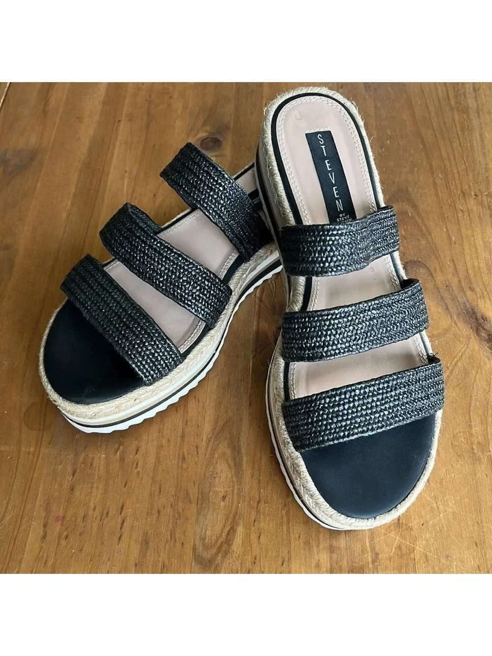 STEVEN Steve Madden Black Linz Women’s Platform Textile 3 Strap Wedge Sandals 9